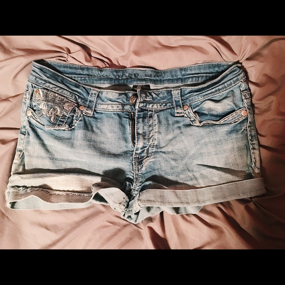 Rhinestone light wash jean shorts